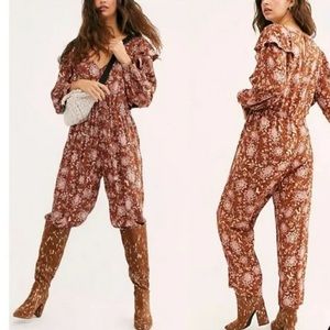 Free People Brown & Pink Floral Lux Ruffle Drawstring Viscose Jumpsuit Size S
